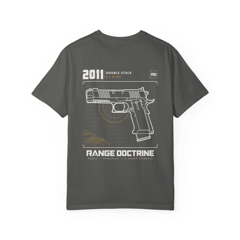 Double Stack Pistol T-Shirt, Technical Line Drawing Back Print, Competition Shooting Shirt, Range Day Gift, Garment Dyed Heavyweight Tee image 8