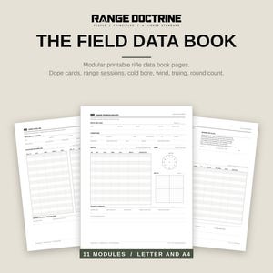 May include: Three white pages of The Field Data Book by Range Doctrine with black text and grids. The pages feature headers for range session records, dope cards, and cold bore data. The text includes 11 modules, letter and A4 sizes.