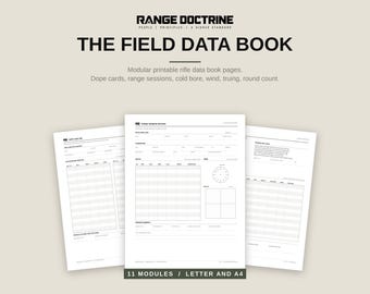 May include: Three white pages of The Field Data Book by Range Doctrine with black text and grids. The pages feature headers for range session records, dope cards, and cold bore data. The text includes 11 modules, letter and A4 sizes.