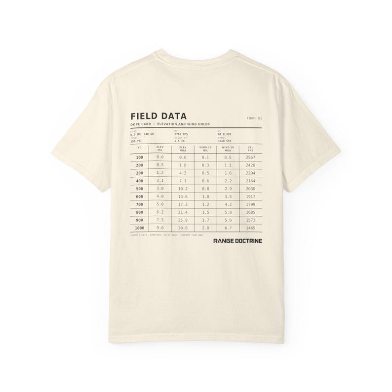 Dope Card T-Shirt, Long Range Shooting Shirt, Ballistic Data Back Print, Precision Rifle Gift, Garment Dyed Heavyweight Tee image 4