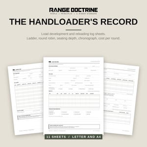 May include: A set of white paper log sheets titled The Handloader's Record by Range Doctrine. The documents include fields for load development, ladder, round robin, seating depth, chronograph, and cost per round, available in 11 sheets, Letter and A4.