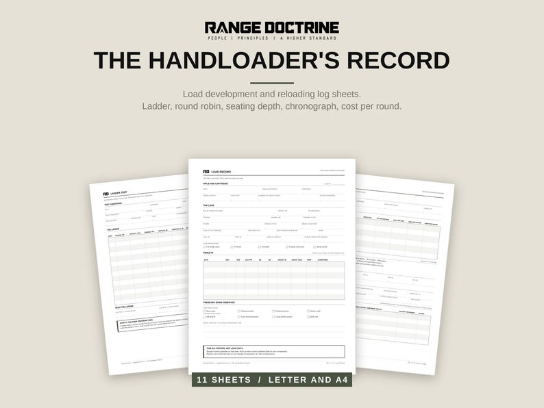 Ausdruckbare Wiederladeprotokolle, PDF-Datenlogbuch für Handladungen, Ladeentwicklungstabelle und OCW-Arbeitsblätter, Chronographenprotokoll, Munitionskistenetiketten Bild 1