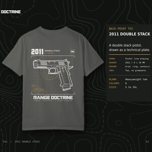 Double Stack Pistol T-Shirt, Technical Line Drawing Back Print, Competition Shooting Shirt, Range Day Gift, Garment Dyed Heavyweight Tee image 1