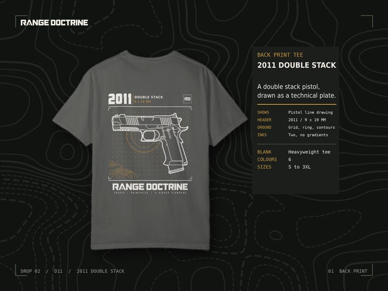 Double Stack Pistol T-Shirt, Technical Line Drawing Back Print, Competition Shooting Shirt, Range Day Gift, Garment Dyed Heavyweight Tee image 1