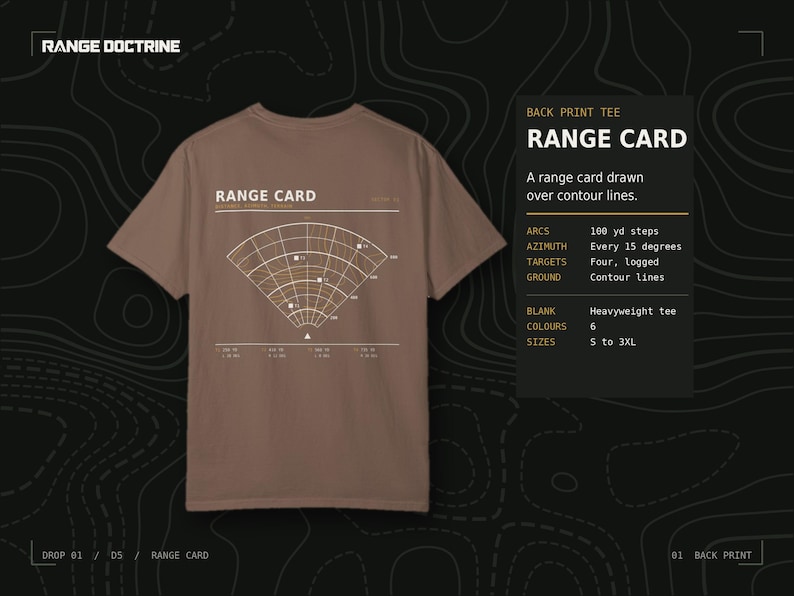 Range Card T-Shirt, Topographic Map Shooting Shirt, Long Range Hunting Back Print, Hunter Gift, Garment Dyed Heavyweight Tee image 1