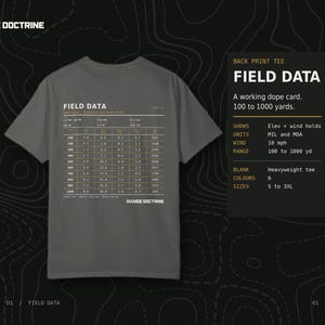 May include: A charcoal gray short-sleeve t-shirt featuring a white and orange graphic on the back. The graphic displays a technical field data chart with columns for distance in yards, elevation, and wind holds, labeled with the text RANGE DOCTRINE.