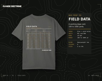 May include: A charcoal gray short-sleeve t-shirt featuring a white and orange graphic on the back. The graphic displays a technical field data chart with columns for distance in yards, elevation, and wind holds, labeled with the text RANGE DOCTRINE.