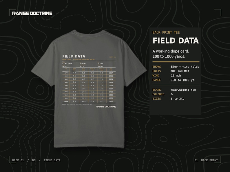Dope Card T-Shirt, Long Range Shooting Shirt, Ballistic Data Back Print, Precision Rifle Gift, Garment Dyed Heavyweight Tee image 1