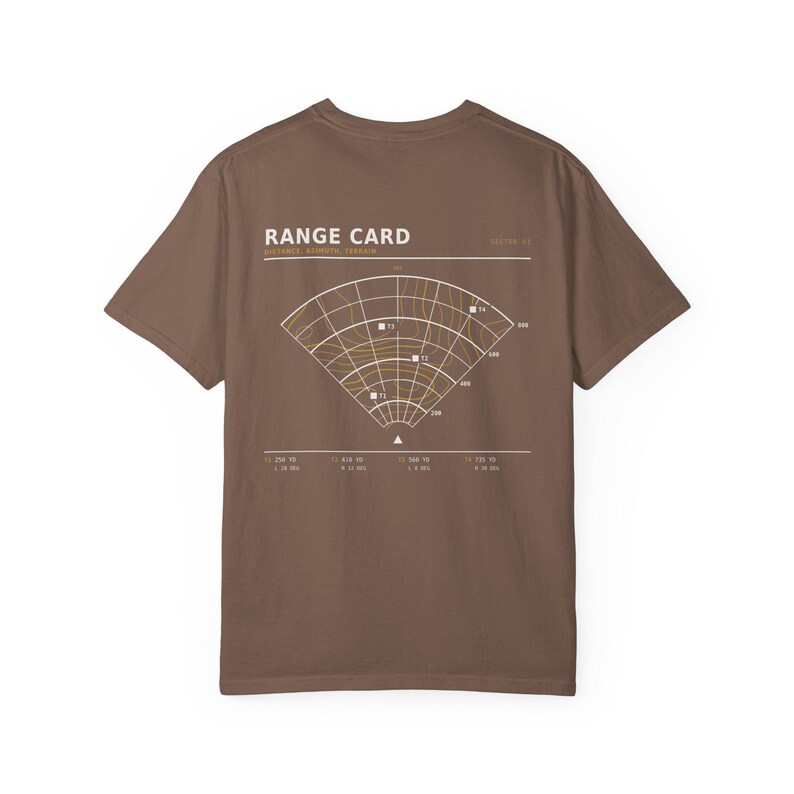 Range Card T-Shirt, Topographic Map Shooting Shirt, Long Range Hunting Back Print, Hunter Gift, Garment Dyed Heavyweight Tee image 12