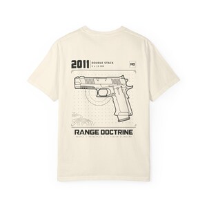 Double Stack Pistol T-Shirt, Technical Line Drawing Back Print, Competition Shooting Shirt, Range Day Gift, Garment Dyed Heavyweight Tee image 4