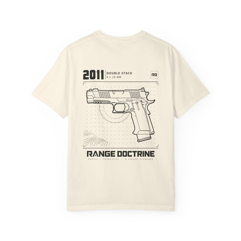 Double Stack Pistol T-Shirt, Technical Line Drawing Back Print, Competition Shooting Shirt, Range Day Gift, Garment Dyed Heavyweight Tee image 4