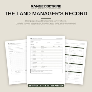 Op de afbeelding: Een set van tien witte vellen papier getiteld The Land Manager's Record van Range Doctrine. De documenten bevatten zwarte tekst en lijnen voor gegevens over herten en wildcamera-enquêtes, inclusief observatie-, oogst- en voedselperceellogboeken.