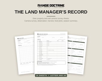 May include: A set of ten white paper sheets titled The Land Manager's Record by Range Doctrine. The documents feature black text and lines for deer property and trail camera survey data, including observation, harvest, and food plot logs.
