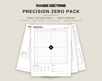 May include: A set of seven white paper sheets titled RANGE DOCTRINE PRECISION ZERO PACK. Each sheet features a black 1.000 inch grid with a central diamond target, a correction table, and a range log. The text includes MOA + MRAD and LETTER + A4.