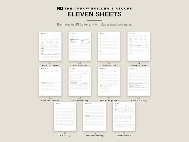 Printable Archery Log Book, Arrow Build and Bow Tuning Log Sheets PDF, FOC Worksheet, Sight Marks, Broadhead Tuning, Bowhunting Record image 3