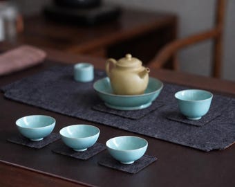 Juego de posavasos de lona azul teñidos con tintes vegetales, hechos a mano, decoración para mesa de té Gongfu.