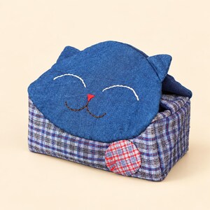 Handmade Indigo Lucky Cat Tissue Box Cover, Cotton Patchwork, Assorted Patterns