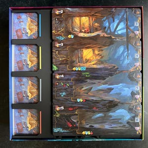 May include: A board game box insert containing four rectangular player boards with cave illustrations and numbered slots from two to six. The boards feature colourful gem icons and intricate cavern artwork in shades of blue, brown, and orange.