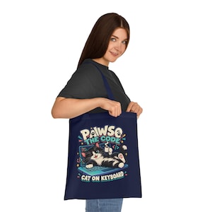 Funny Cat Coder Cotton Tote Bag, Pawse the Code Cat on Keyboard, Programmer Gift, White Red or Navy Shopper