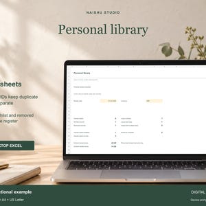May include: A laptop screen displays a Personal library spreadsheet with 3 worksheets, including columns for owned, wishlist, and removed books. Text includes Naishu Studio, 3 worksheets, Own-copy IDs, and Desktop Excel. Digital download, blank and fictional example.