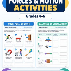 Puede incluir: Conjunto de hojas de trabajo educativas titulado Forces & Motion Activities para los grados 4-6. Incluye dos páginas: Push, Pull, or Both con seis escenarios ilustrados y Balanced or Unbalanced con una tabla de diagramas de fuerza.