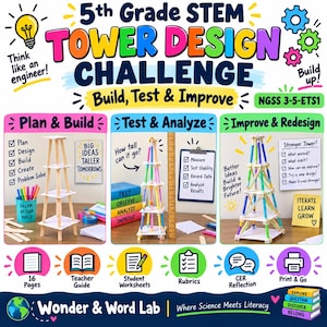 May include: A 5th Grade STEM Tower Design Challenge educational poster featuring three sections: Plan & Build, Test & Analyze, and Improve & Redesign. It displays towers made of craft sticks and paper, a wooden ruler, and various icons.