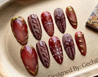 Christmas Press On Nails, Red Gold Sweater Knit Bow & Snowflake Almond Press Ons, 3D Holiday Winter Nails, Cozy Handmade Gel Set