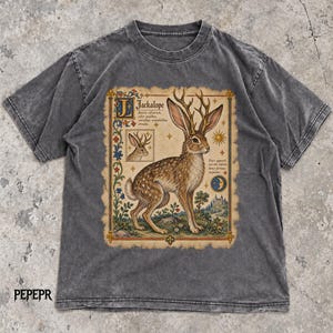 May include: A charcoal gray short-sleeve t-shirt featuring a central graphic of a jackalope with antlers. The print includes the text "Jackalope" and Latin script, surrounded by a decorative border with floral motifs, a sun, a moon, and a castle.