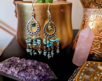 Silvertone, handcrafted genuine turquoise and hematite chandelier earrings approximately 3&quot;