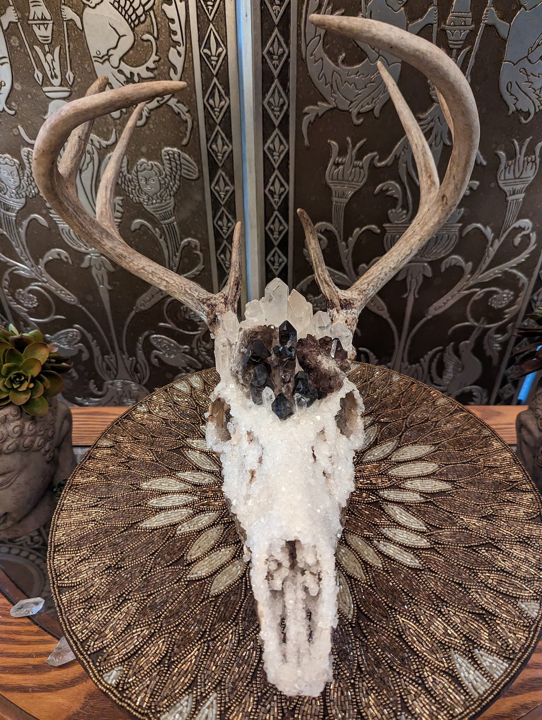 Real Borax Crystalized Deer Skull With Smokey and Clear Quartz and Mica