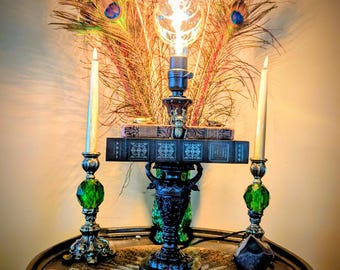 Vintage Book Lamp with Dimmable Edison Bulb and Brass Beetles
