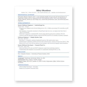 May include: A professional resume for Riley Okonkwo, a full-stack software engineer. The document includes sections for professional summary, work experience at LatticeForge Inc., Bright Harbor Labs, and Summit Pixel Co., education, skills, and certifications.