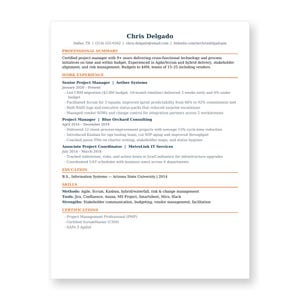 Può includere: Un curriculum vitae professionale per Chris Delgado, che include dettagli di contatto, un riepilogo professionale, esperienza lavorativa presso Aether Systems, Blue Orchard Consulting e MetroLink IT Services, istruzione, competenze e certificazioni.