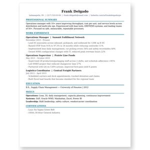May include: A professional resume document for Frank Delgado, featuring contact details, a professional summary, work experience at Summit Fulfillment Network, Prairie Line Foods, and Central Freight Partners, plus education, skills, and certifications.
