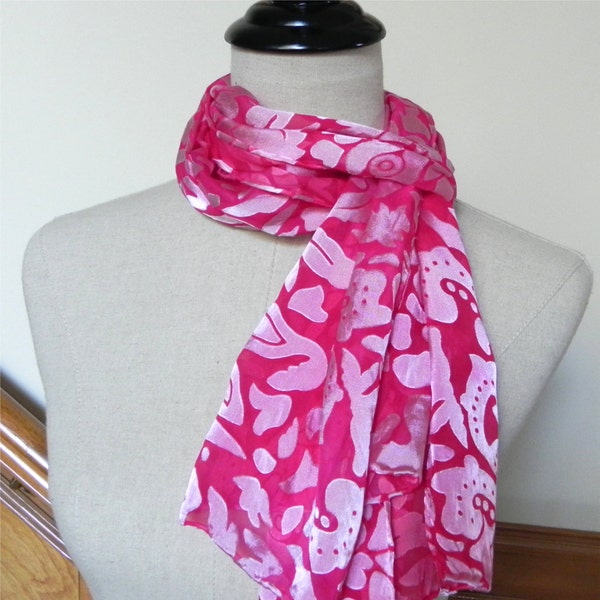 Floral Devore satin silk scarf hand dyed in shades of magenta red, ready to ship, scarf #522