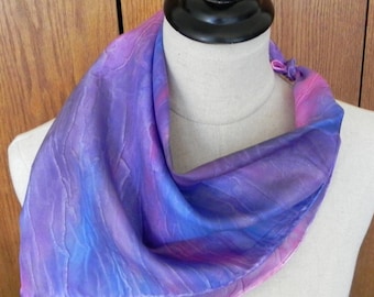 Square silk scarf hand dyed in shades of purple violet, blue and pink, ready to ship silk scarf #563