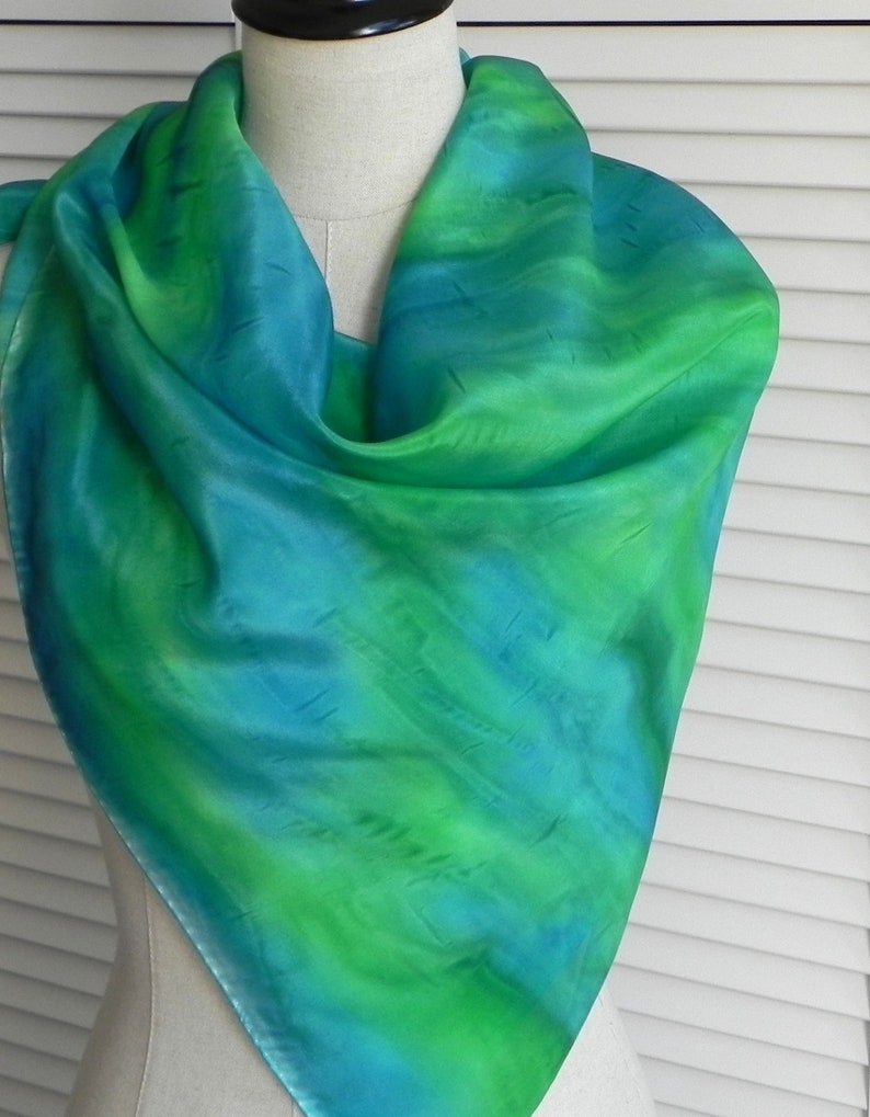 35 square hand painted silk scarf in shades of light blue and image 0