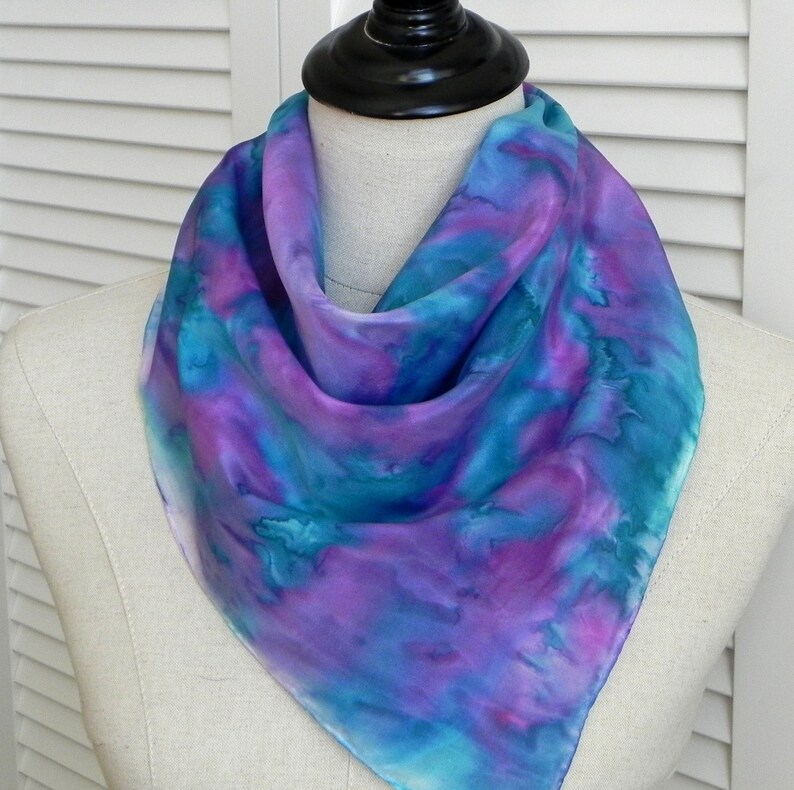 Abstract silk scarf hand painted in turquoise teal and mauve image 0