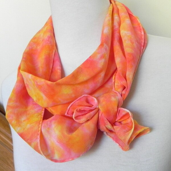 Hand dyed long silk scarf of Crepe de Chine in shades of orange peach nectarine and golden yellow is Ready to Ship Silk Scarf #458,