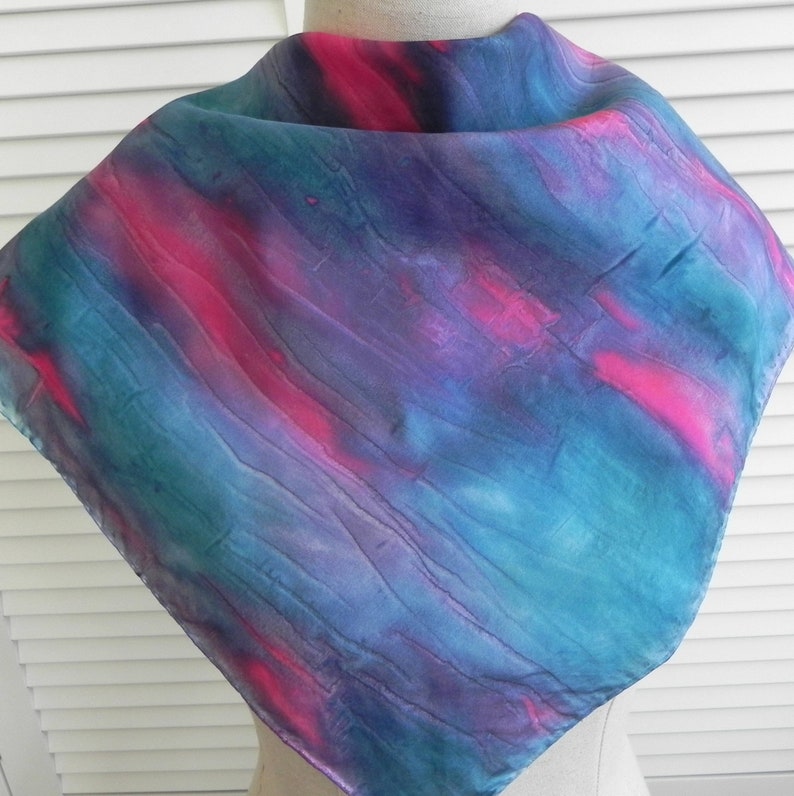 Square silk scarf hand painted in shades of teal blue and red image 0