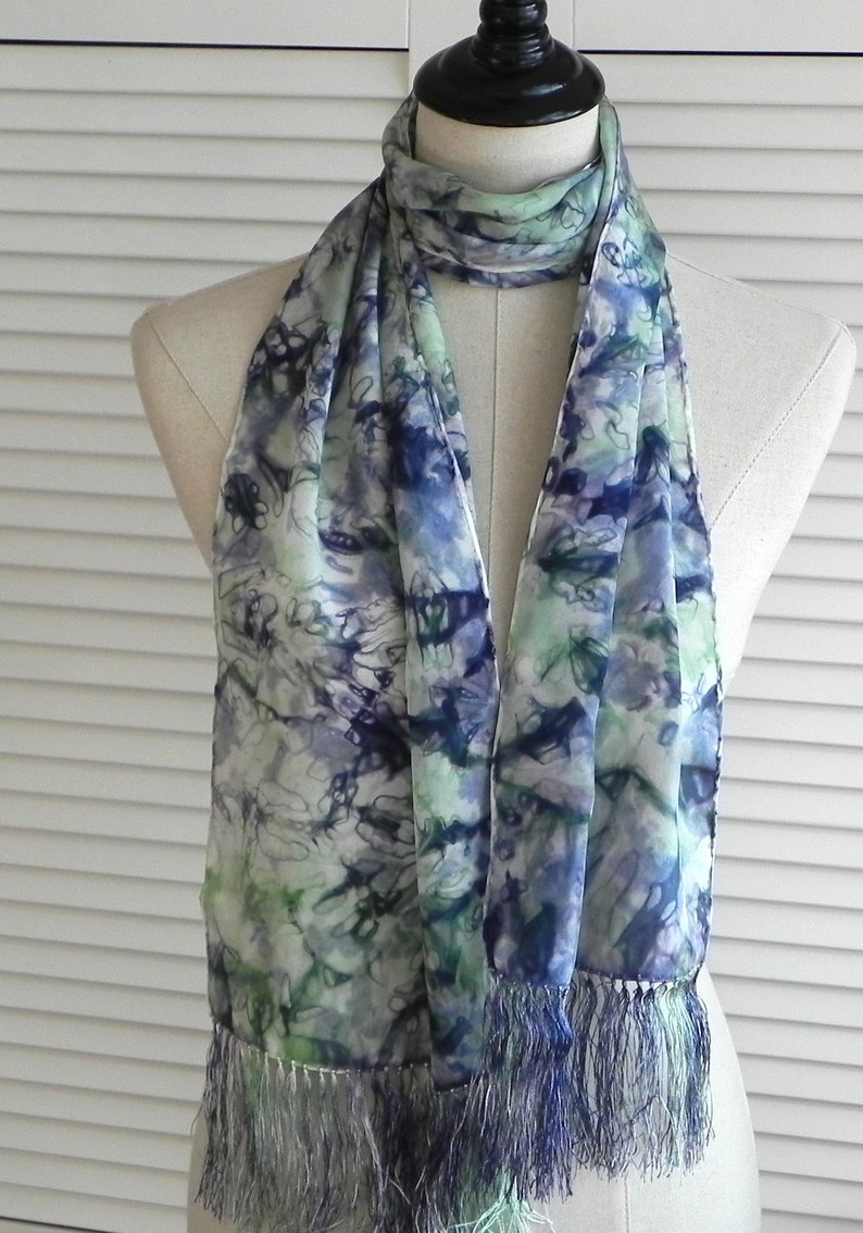 Hand dyed silk scarf with fringe in purple and green long image 0