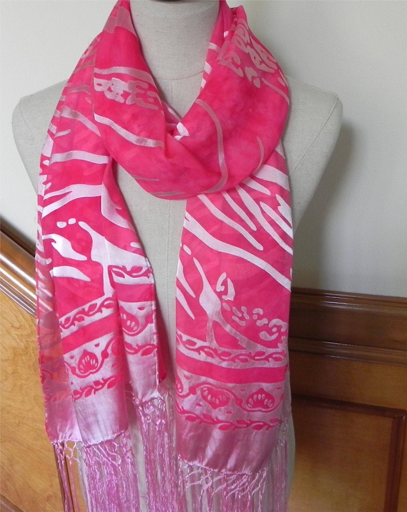 Devore satin shawl with fringe hand dyed in shades of magenta image 0