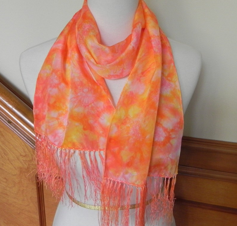 Crepe Silk Scarf with Fringe Hand Dyed Scarlet Pink and image 0