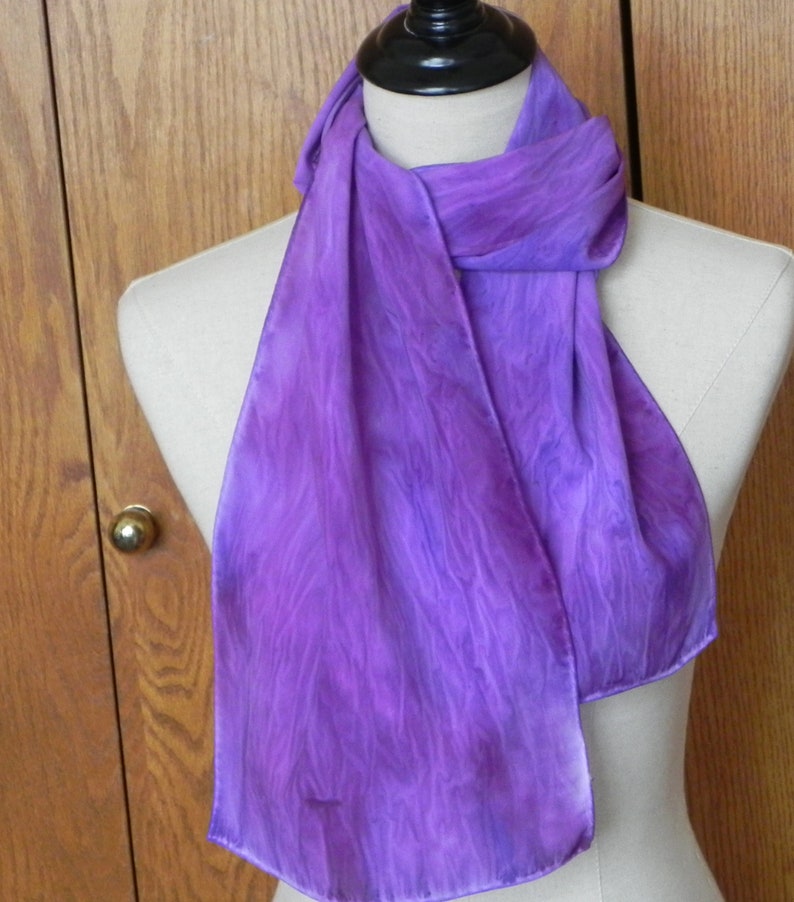 Oblong silk scarf hand dyed in shades of purple and violet image 0