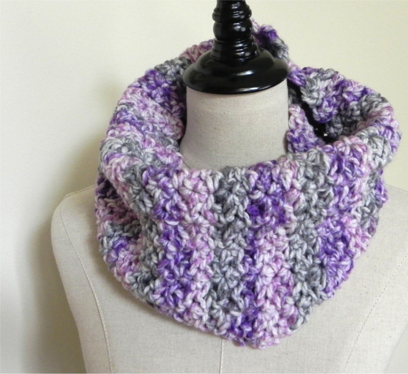 Scalloped chunky cowl is crocheted in purple pink and sage image 0