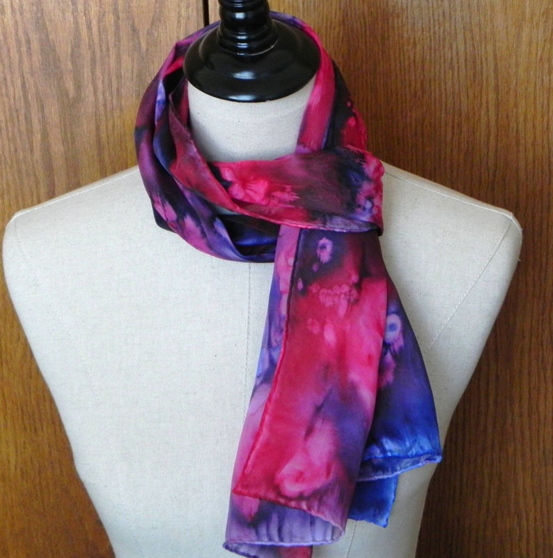 Abstract silk scarf hand dyed in shades of red blue and image 0