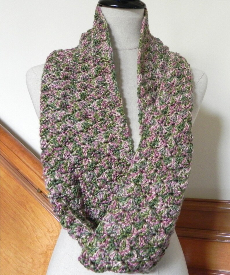 Crochet infinity scarf shades of green pink and golden image 0