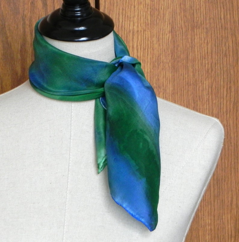 Square silk scarf hand dyed in shades of blue & green ready image 0