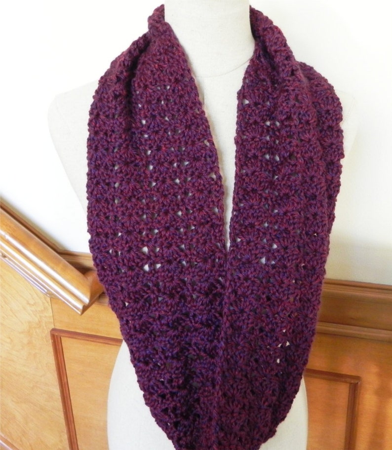 Lacy crochet infinity scarf maroon crocheted cowl ready to image 0