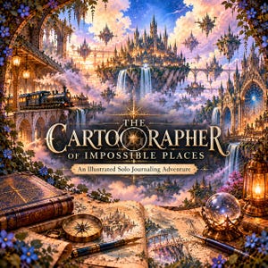 Könnte beinhalten: Ein Buch mit dem Titel The Cartographer of Impossible Places, An Illustrated Solo Journaling Adventure, das eine Fantasielandschaft mit schwebendem Schloss, Zug, Kompass, Kristallkugel, Laterne und Füllfederhalter auf einer Karte zeigt.